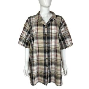 Crossroads Woman Plaid Linen Cotton Short Sleeve Button Down